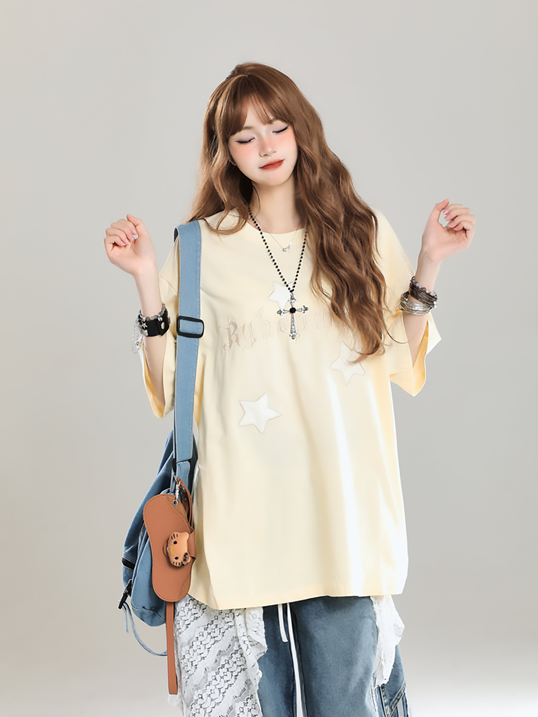 Girls' American Style Star Print Short Sleeve T-Shirt, Unique Summer Design, Loose Fit, Trendy Casual Wear Girls' American Style Star Print Short Sleeve T-Shirt, Unique Summer Design, Loose Fit, Trendy Casual Wear