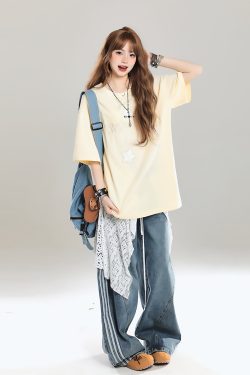 Girls' American Style Star Print Short Sleeve T-Shirt, Unique Summer Design, Loose Fit, Trendy Casual Wear