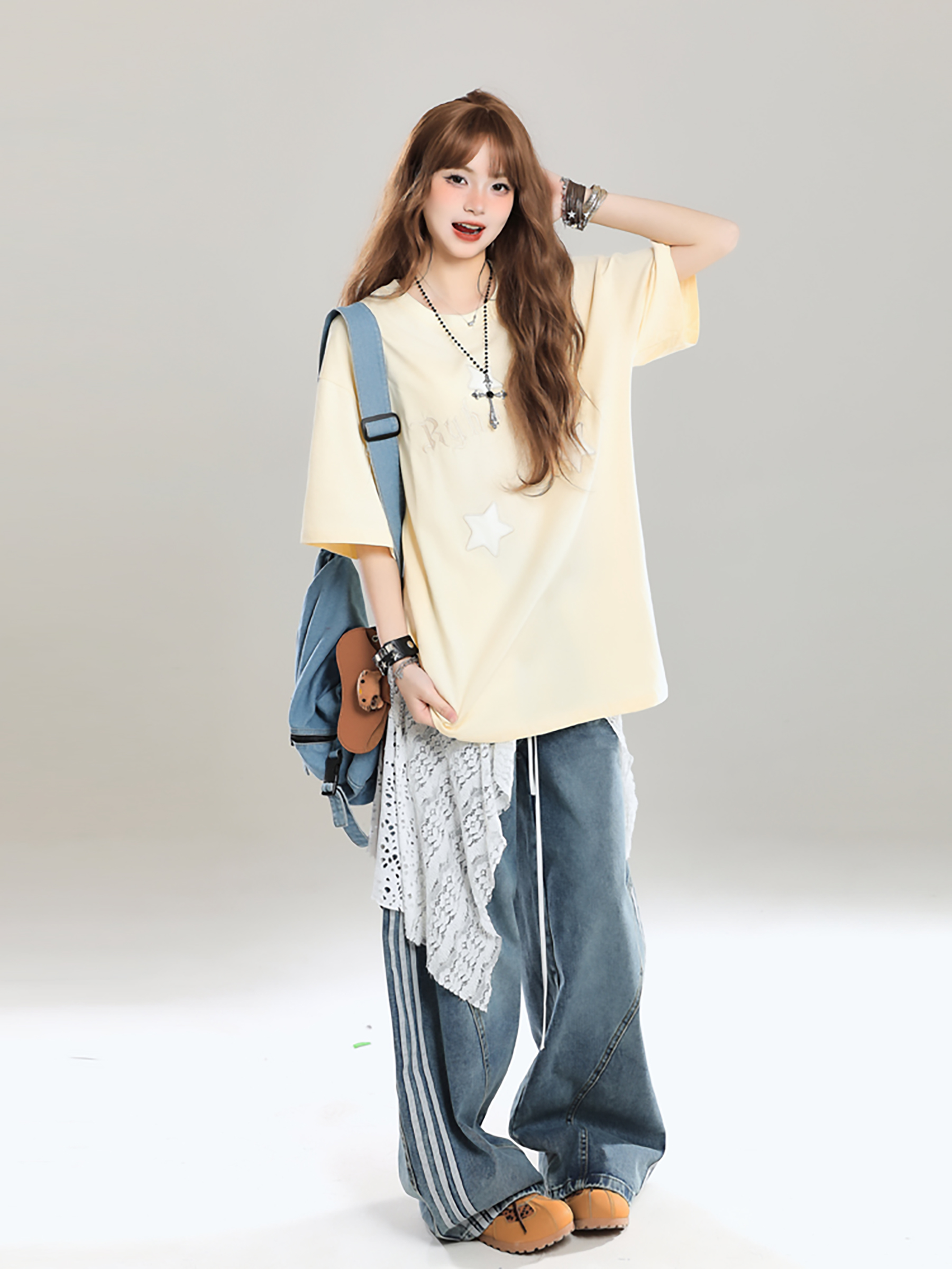 Girls' American Style Star Print Short Sleeve T-Shirt, Unique Summer Design, Loose Fit, Trendy Casual Wear Girls' American Style Star Print Short Sleeve T-Shirt, Unique Summer Design, Loose Fit, Trendy Casual Wear