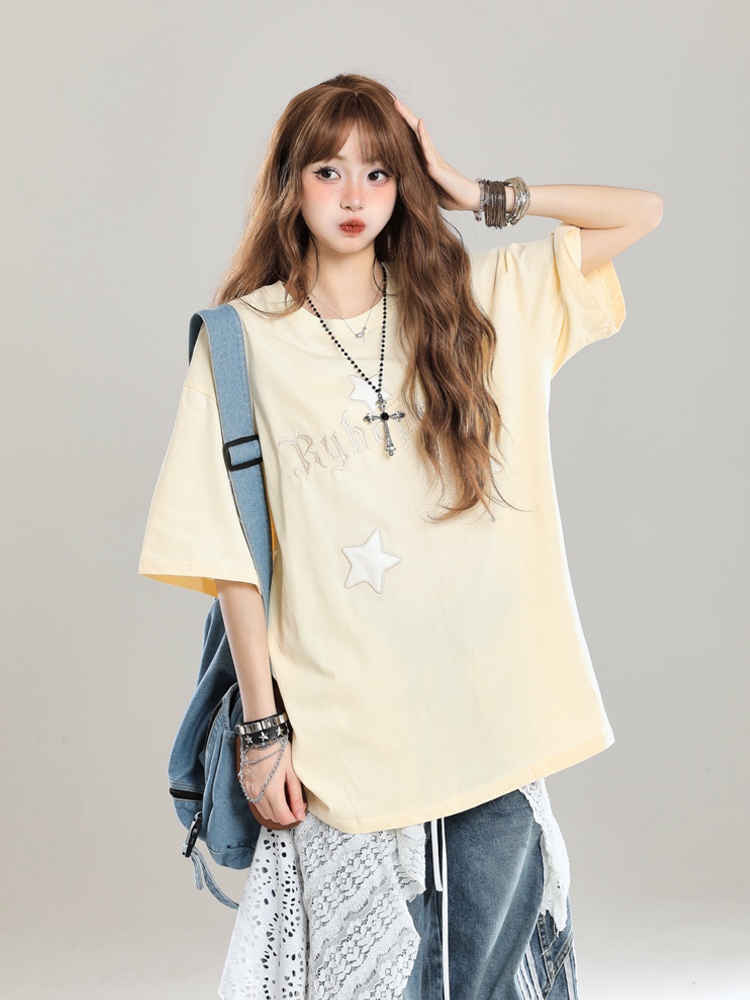 Girls' American Style Star Print Short Sleeve T-Shirt, Unique Summer Design, Loose Fit, Trendy Casual Wear Girls' American Style Star Print Short Sleeve T-Shirt, Unique Summer Design, Loose Fit, Trendy Casual Wear