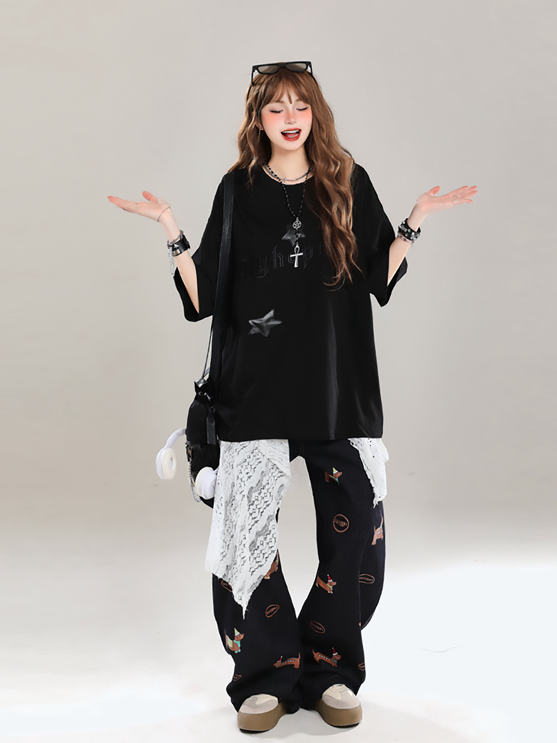 Girls' American Style Star Print Short Sleeve T-Shirt, Unique Summer Design, Loose Fit, Trendy Casual Wear Girls' American Style Star Print Short Sleeve T-Shirt, Unique Summer Design, Loose Fit, Trendy Casual Wear