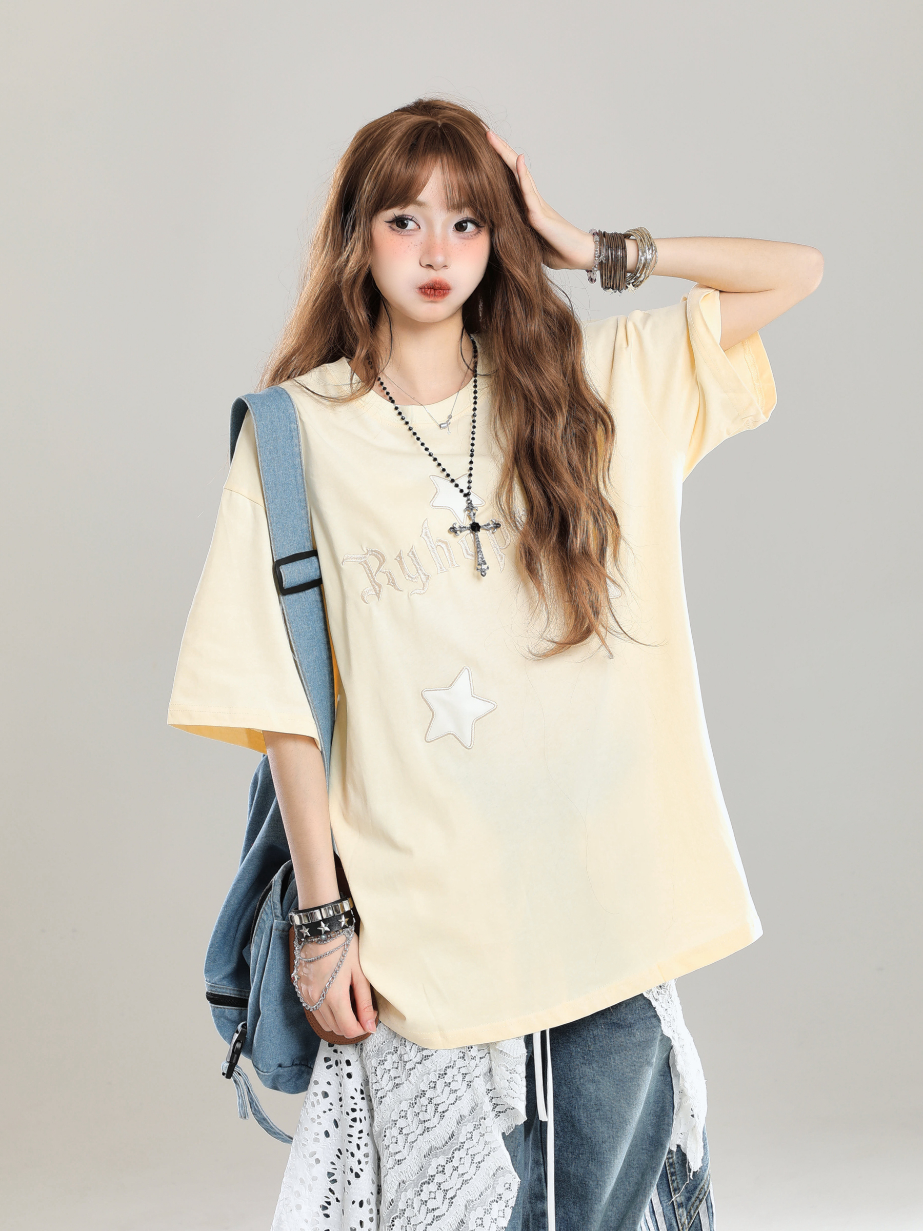 Girls' American Style Star Print Short Sleeve T-Shirt, Unique Summer Design, Loose Fit, Trendy Casual Wear Girls' American Style Star Print Short Sleeve T-Shirt, Unique Summer Design, Loose Fit, Trendy Casual Wear