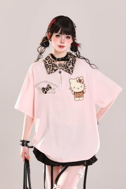 Girls' College Style Hello Kitty Polo Short Sleeve T-Shirt - Summer 2025 Casual Loose Top with Y2K Vibe