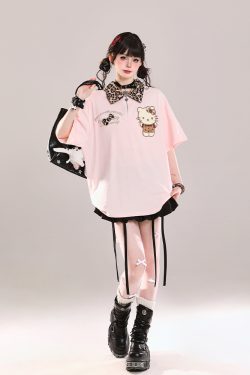 Girls' College Style Hello Kitty Polo Short Sleeve T-Shirt - Summer 2025 Casual Loose Top with Y2K Vibe