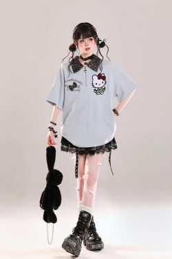Girls' College Style Hello Kitty Polo Short Sleeve T-Shirt - Summer 2025 Casual Loose Top with Y2K Vibe