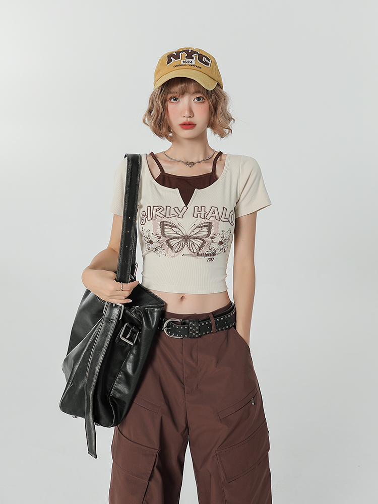 Girly Round Neck Short Sleeve T-Shirt for Women - Summer Slim Fit Fake Two-Piece Top, Casual Style Girly Round Neck Short Sleeve T-Shirt for Women - Summer Slim Fit Fake Two-Piece Top, Casual Style