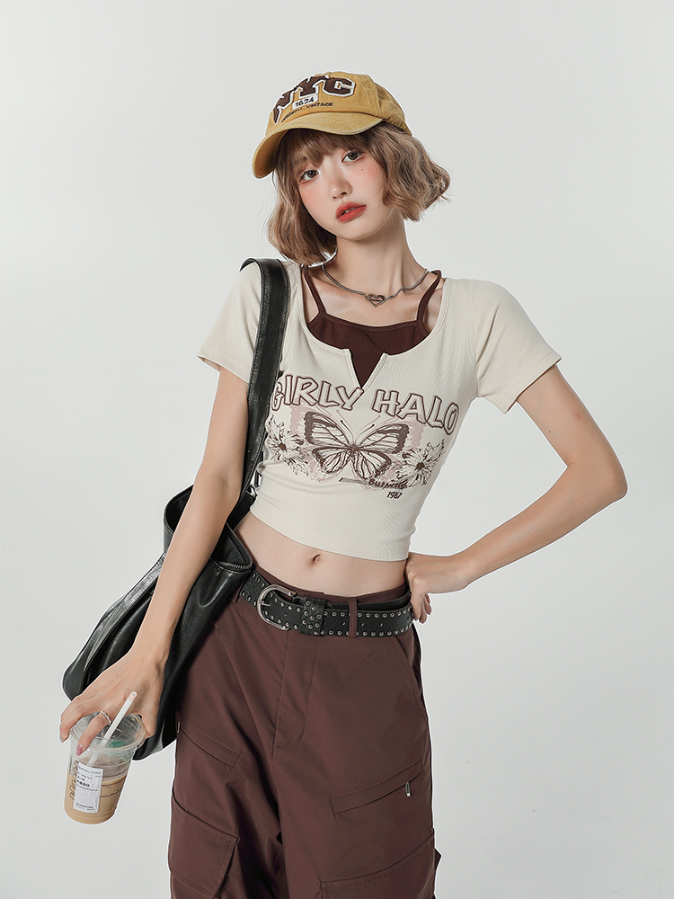 Girly Round Neck Short Sleeve T-Shirt for Women - Summer Slim Fit Fake Two-Piece Top, Casual Style Girly Round Neck Short Sleeve T-Shirt for Women - Summer Slim Fit Fake Two-Piece Top, Casual Style