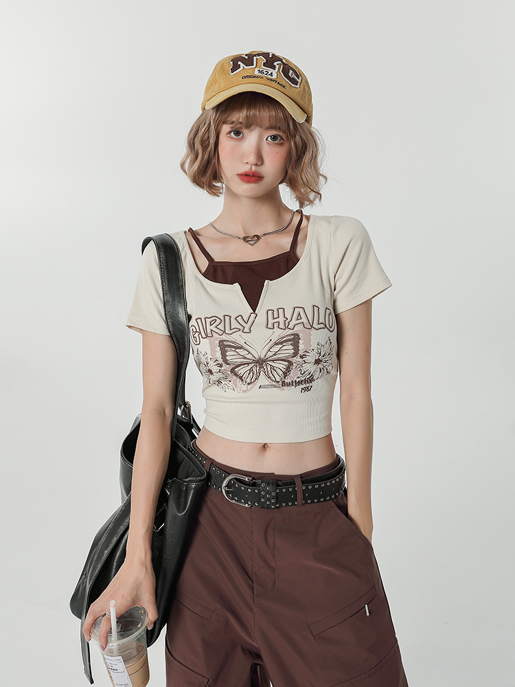 Girly Round Neck Short Sleeve T-Shirt for Women - Summer Slim Fit Fake Two-Piece Top, Casual Style Girly Round Neck Short Sleeve T-Shirt for Women - Summer Slim Fit Fake Two-Piece Top, Casual Style