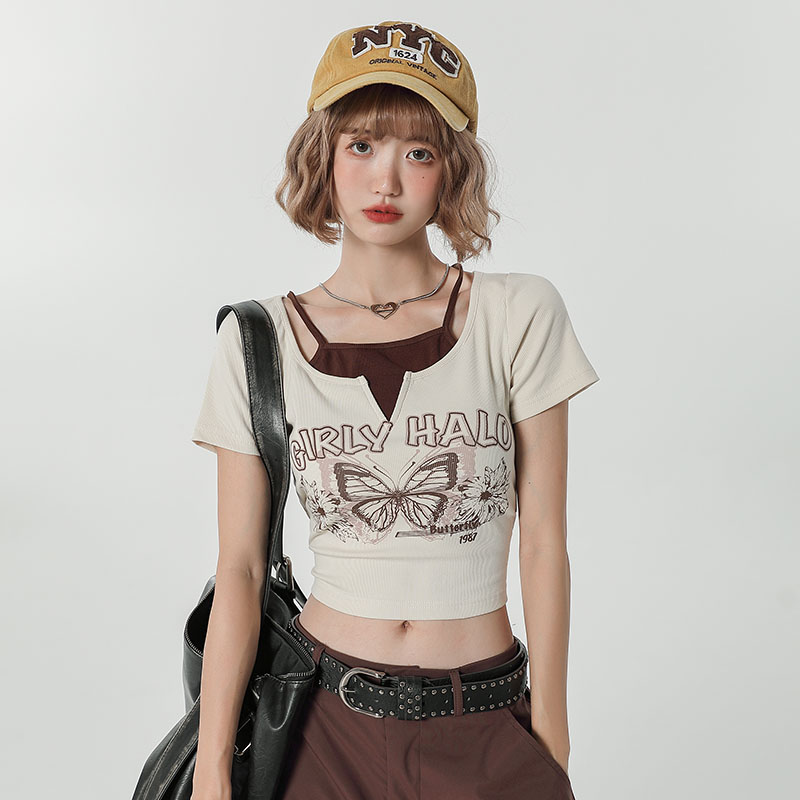 Girly Round Neck Short Sleeve T-Shirt for Women - Summer Slim Fit Fake Two-Piece Top, Casual Style Girly Round Neck Short Sleeve T-Shirt for Women - Summer Slim Fit Fake Two-Piece Top, Casual Style