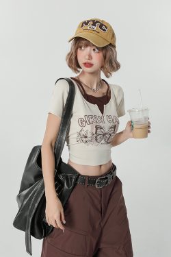 Girly Round Neck Short Sleeve T-Shirt for Women - Summer Slim Fit Fake Two-Piece Top, Casual Style