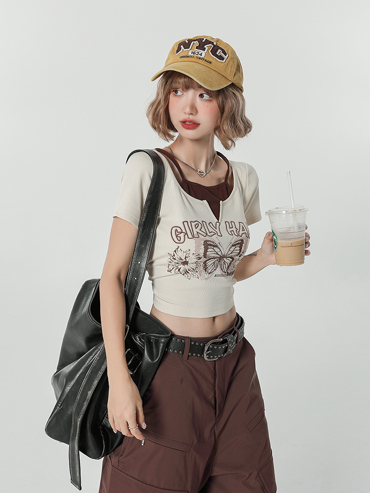 Girly Round Neck Short Sleeve T-Shirt for Women - Summer Slim Fit Fake Two-Piece Top, Casual Style Girly Round Neck Short Sleeve T-Shirt for Women - Summer Slim Fit Fake Two-Piece Top, Casual Style