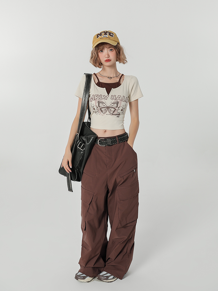 Girly Round Neck Short Sleeve T-Shirt for Women - Summer Slim Fit Fake Two-Piece Top, Casual Style Girly Round Neck Short Sleeve T-Shirt for Women - Summer Slim Fit Fake Two-Piece Top, Casual Style