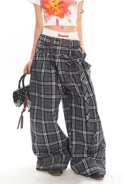 Glen Gray Vintage Oversized Checkered Wide-Leg Pants with Flowing Straps for Women - Summer Y2K Style Fashion