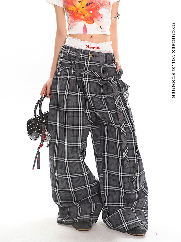 Glen Gray Vintage Oversized Checkered Wide-Leg Pants with Flowing Straps for Women - Summer Y2K Style Fashion Glen Gray Vintage Oversized Checkered Wide-Leg Pants with Flowing Straps for Women - Summer Y2K Style Fashion