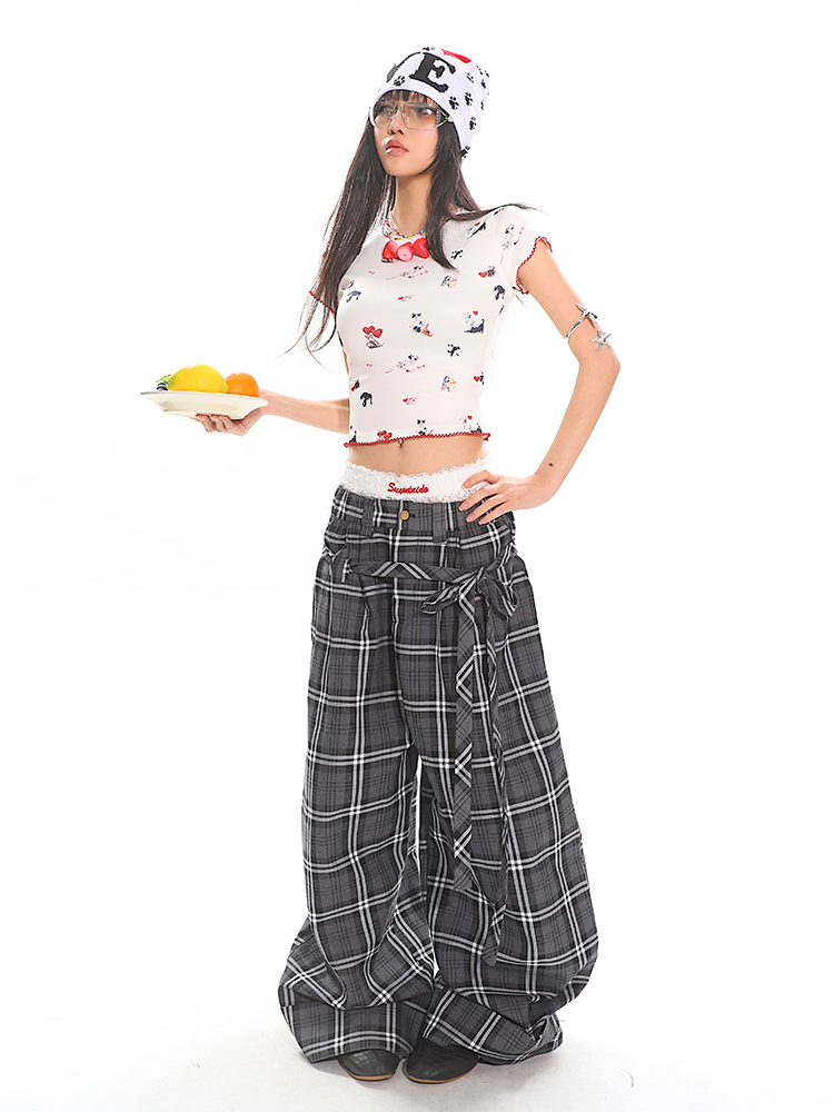 Glen Gray Vintage Oversized Checkered Wide-Leg Pants with Flowing Straps for Women - Summer Y2K Style Fashion Glen Gray Vintage Oversized Checkered Wide-Leg Pants with Flowing Straps for Women - Summer Y2K Style Fashion