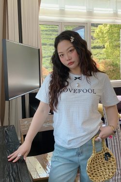 Gold Big Bow Polka Dot Short Sleeve T-Shirt for Women - Summer 2025 Unique Age-Reducing Top for Plus Size Fashion