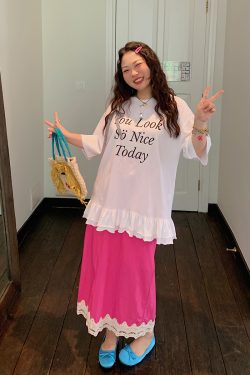 Gold Lace Splicing Slit Midi Skirt for Women, Plus Size 2025 Summer Fashion, Slimming Belly Coverage, Trendy Big Support Design