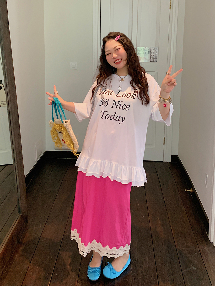 Gold Lace Splicing Slit Midi Skirt for Women, Plus Size 2025 Summer Fashion, Slimming Belly Coverage, Trendy Big Support Design Gold Lace Splicing Slit Midi Skirt for Women, Plus Size 2025 Summer Fashion, Slimming Belly Coverage, Trendy Big Support Design