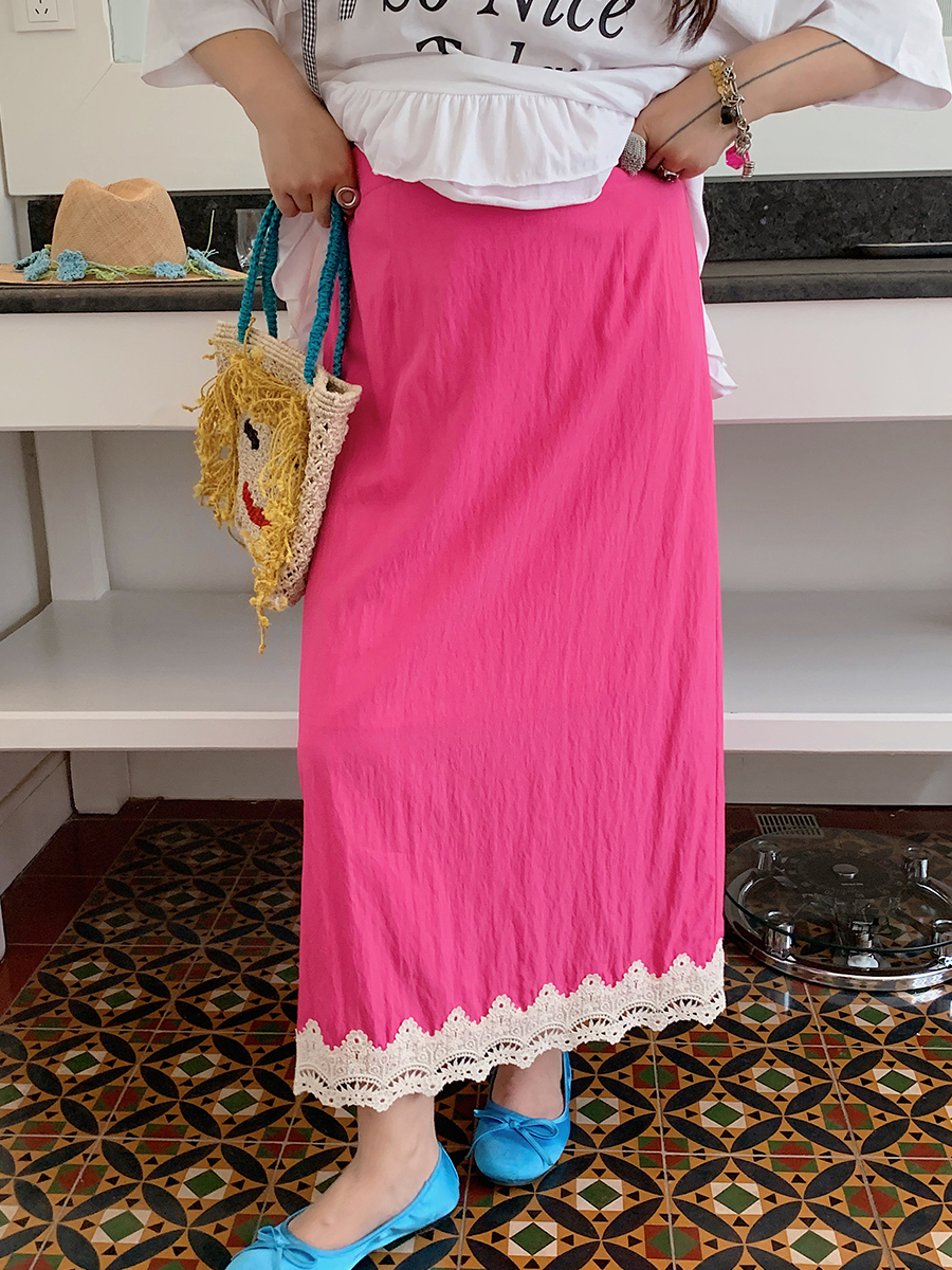 Gold Lace Splicing Slit Midi Skirt for Women, Plus Size 2025 Summer Fashion, Slimming Belly Coverage, Trendy Big Support Design Gold Lace Splicing Slit Midi Skirt for Women, Plus Size 2025 Summer Fashion, Slimming Belly Coverage, Trendy Big Support Design