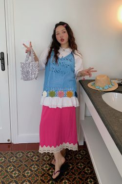 Gold Lace Splicing Slit Midi Skirt for Women, Plus Size 2025 Summer Fashion, Slimming Belly Coverage, Trendy Big Support Design