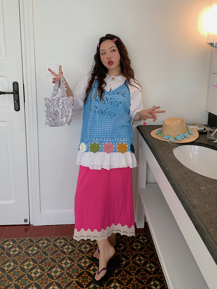 Gold Lace Splicing Slit Midi Skirt for Women, Plus Size 2025 Summer Fashion, Slimming Belly Coverage, Trendy Big Support Design Gold Lace Splicing Slit Midi Skirt for Women, Plus Size 2025 Summer Fashion, Slimming Belly Coverage, Trendy Big Support Design