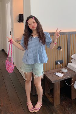 Gold Plaid Waist-Cinching Short Sleeve Shirt for Women - Summer 2025 Light Luxury Chic Top, Perfect for Y2K and Korean Style Fashion.