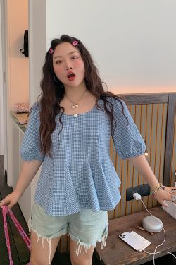 Gold Plaid Waist-Cinching Short Sleeve Shirt for Women - Summer 2025 Light Luxury Chic Top, Perfect for Y2K and Korean Style Fashion.