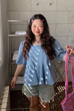 Gold Plaid Waist-Cinching Short Sleeve Shirt for Women - Summer 2025 Light Luxury Chic Top, Perfect for Y2K and Korean Style Fashion.