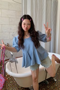 Gold Plaid Waist-Cinching Short Sleeve Shirt for Women - Summer 2025 Light Luxury Chic Top, Perfect for Y2K and Korean Style Fashion.