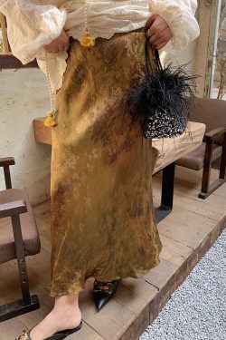 Gold Satin Fishtail Half Skirt for Women - Plus Size Retro Chinese Style National Wind 2025 Fashion