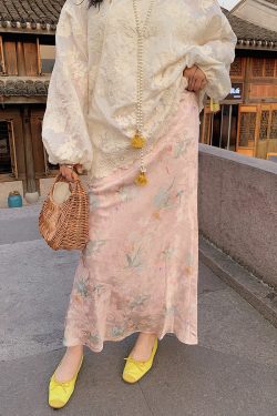 Gold Satin Fishtail Half Skirt for Women - Plus Size Retro Chinese Style National Wind 2025 Fashion