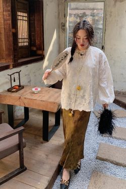 Gold Satin Fishtail Half Skirt for Women - Plus Size Retro Chinese Style National Wind 2025 Fashion