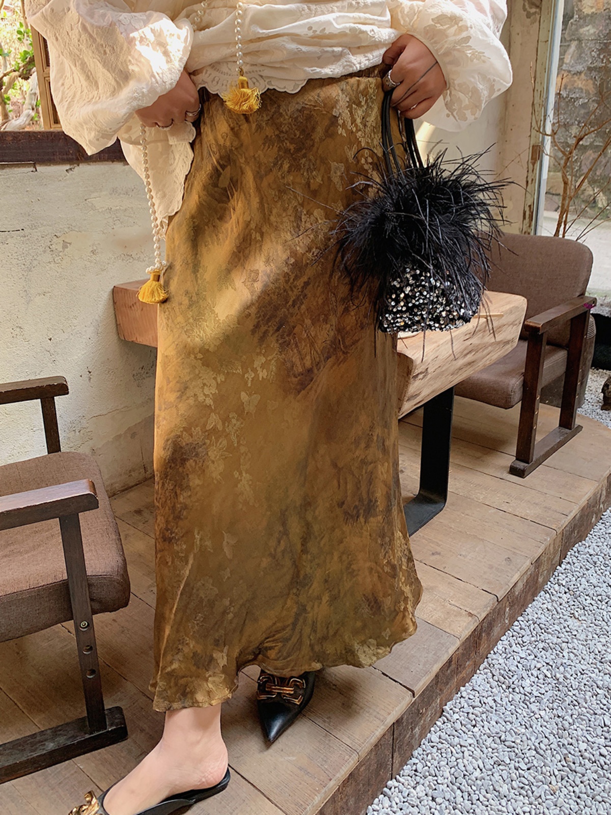 Gold Satin Fishtail Half Skirt for Women - Plus Size Retro Chinese Style National Wind 2025 Fashion Gold Satin Fishtail Half Skirt for Women - Plus Size Retro Chinese Style National Wind 2025 Fashion