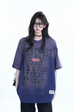 Gradient Purple Oversized Short Sleeve T-Shirt for Women - American Street Style, Trendy Loose Fit, Casual Y2K Fashion Top