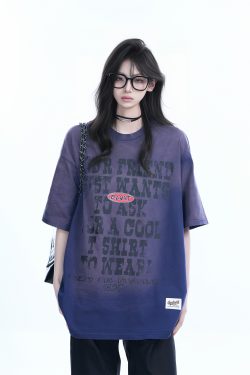 Gradient Purple Oversized Short Sleeve T-Shirt for Women - American Street Style, Trendy Loose Fit, Casual Y2K Fashion Top