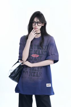 Gradient Purple Oversized Short Sleeve T-Shirt for Women - American Street Style, Trendy Loose Fit, Casual Y2K Fashion Top
