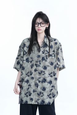 Graffiti Black Rose Short Sleeve Shirt for Women - Loose Lightweight Urban Style Top