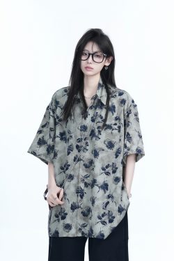 Graffiti Black Rose Short Sleeve Shirt for Women - Loose Lightweight Urban Style Top