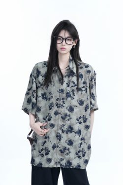 Graffiti Black Rose Short Sleeve Shirt for Women - Loose Lightweight Urban Style Top