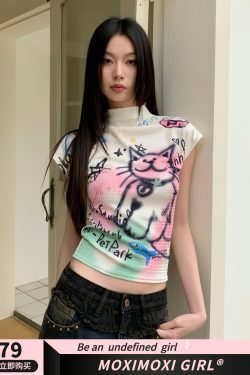 Graffiti Cat Short Sleeve T-Shirt - Textured Knit, Slim Fit, Niche Design, 2024 Early Spring Collection, Trendy Street Style