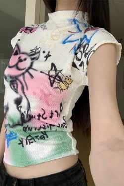 Graffiti Cat Short Sleeve T-Shirt - Textured Knit, Slim Fit, Niche Design, 2024 Early Spring Collection, Trendy Street Style