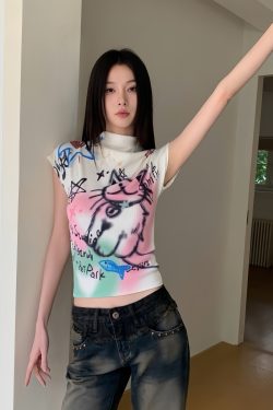 Graffiti Cat Short Sleeve T-Shirt - Textured Knit, Slim Fit, Niche Design, 2024 Early Spring Collection, Trendy Street Style