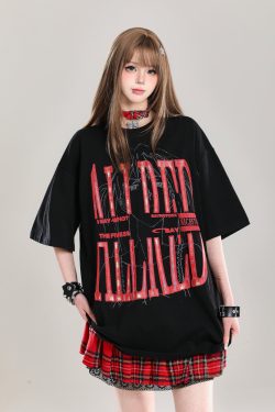 Graffiti Letter Oversized Short-Sleeve T-Shirt for Women - Summer 2025 American High Street Loose Fit