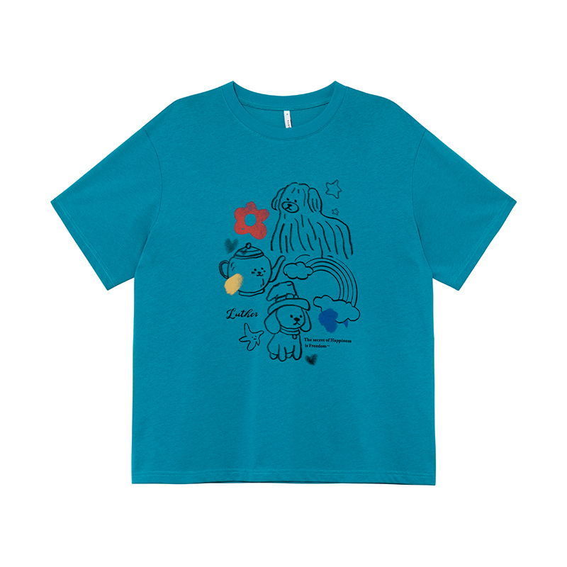 Graffiti Rainbow Dog Print Short Sleeve T-Shirt for Women - Summer Slimming Top, Trendy Casual Wear, Y2K Style Graffiti Rainbow Dog Print Short Sleeve T-Shirt for Women - Summer Slimming Top, Trendy Casual Wear, Y2K Style