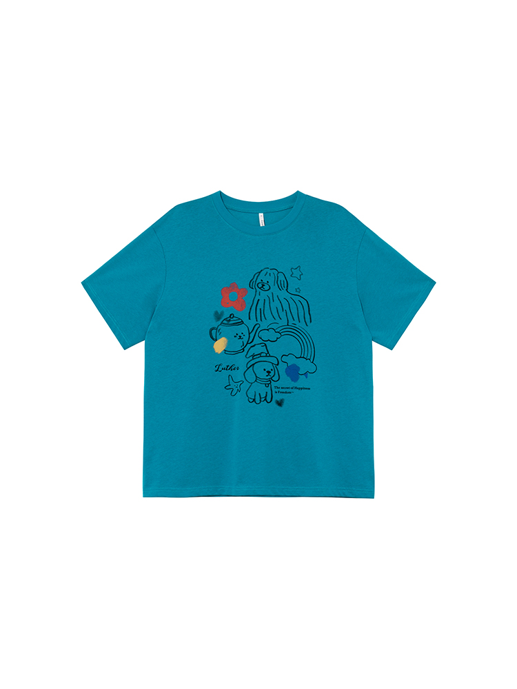 Graffiti Rainbow Dog Print Short Sleeve T-Shirt for Women - Summer Slimming Top, Trendy Casual Wear, Y2K Style Graffiti Rainbow Dog Print Short Sleeve T-Shirt for Women - Summer Slimming Top, Trendy Casual Wear, Y2K Style