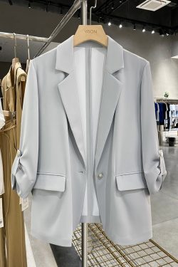 Gray-Blue Casual Minimalist Blazer for Women, Summer Lightweight Commuter Style, Unique 2025 Korean Fashion Design