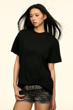 Gray Color-Block Round-Neck Short Sleeve T-Shirt for Women - American Style Summer Loose Fit Versatile Top, Flattering Design