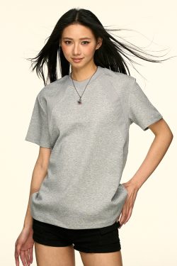 Gray Color-Block Round-Neck Short Sleeve T-Shirt for Women - American Style Summer Loose Fit Versatile Top, Flattering Design