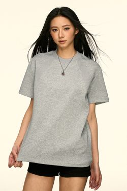 Gray Color-Block Round-Neck Short Sleeve T-Shirt for Women - American Style Summer Loose Fit Versatile Top, Flattering Design