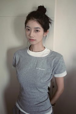 Gray Color-Blocked Short Sleeve Women's Fitted Slim T-Shirt - Vintage Sweet & Spicy Jazz Top - Trendy Summer Fashion